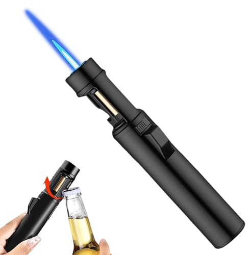 Airbrush Windproof Lighter, 2 in 1 Jetflamme Feuerzeug, Winddicht Langes Stabfeuerzeug mit Flaschenöffner, Einstellbare Flamme Gas Nachfüllbar Sturmfeuerzeug für Küche, Grill (Ohne Gas) (Schwarz)