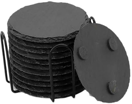 Fonowx Lot de 12 sous-verres en ardoise avec support pour comptoir, Rond