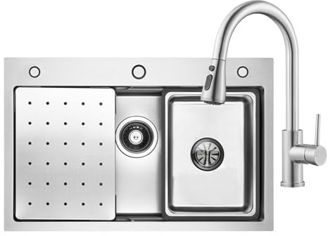 CECIPA Fregadero de cocina de 70 x 45 cm con grifo extensible, de acero inoxidable, incluye dispensador de jabón y sifón, incluye fregadero interior de repuesto y tabla de cortar, fregadero de cocina