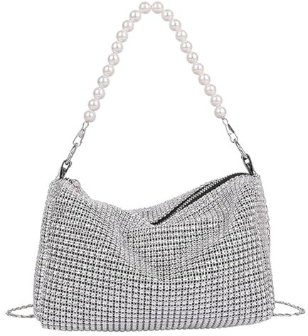 Damen Clutch in Silber mit Glitzer - Elegante Abendtasche mit Abnehmbarer Kette, Hohe Kapazität mit Reißverschluss für Prom und Hochzeit
