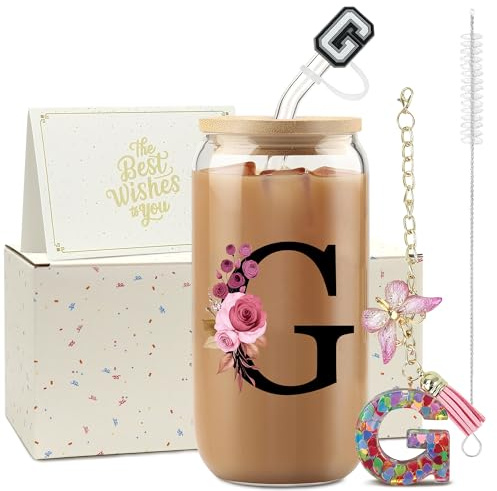 ZIOSINM A-Z Lettera Bicchiere Con Cannuccia, 500ml Tumbler con Coperchio, Regalo Donna Compleanno, Ideale Come Regalo Maestre Fine Anno (G)