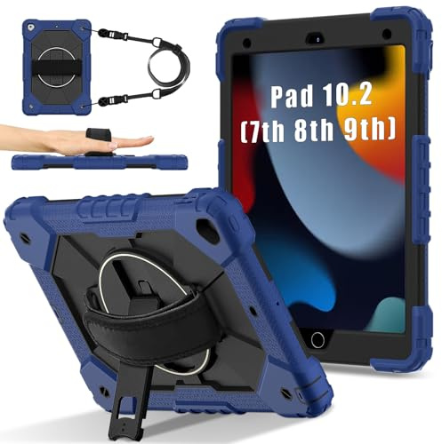 Sac pour tablette PC, étui For iPad 9th/8th/7th Generation 10.2 Inch 2021/2020/2019 Tablet PC Case Hybrid Silicone PC Cover with 360° Rotating Stand,Anti-Scratch Shoulder/Wrist Straps(Navy Blue)