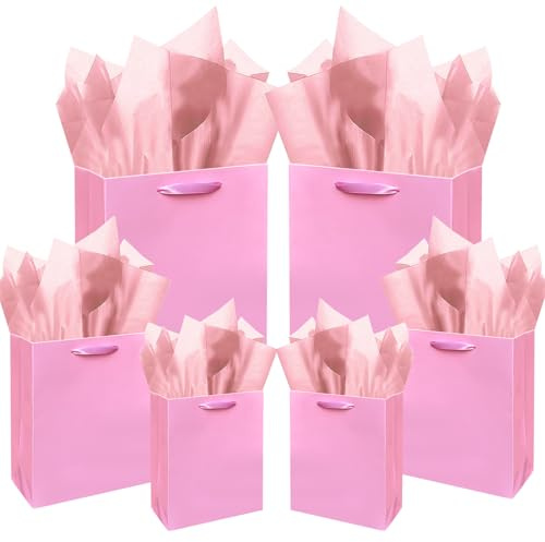 Gcardis rosa Geschenktüten mit Seidenpapier, verschiedene Größen, 10 Stück Geburtstagsgeschenktüten (2 große 13, 4 mittlere 9, 4 kleine 6, Seidenpapier)