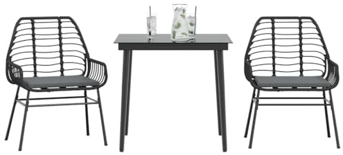 Mandloder Salon de jardin 3 pièces en polyrotin noir avec plateau en verre 80 x 80 cm et coussins
