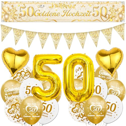 Goldene Hochzeit Deko Luftballons Banner Set - 50 Hochzeitstag Dekoration Gold Ballons Wimpel und Riesen Zahlenballon, Stoff Partybanner für 50. Jahrestag Party