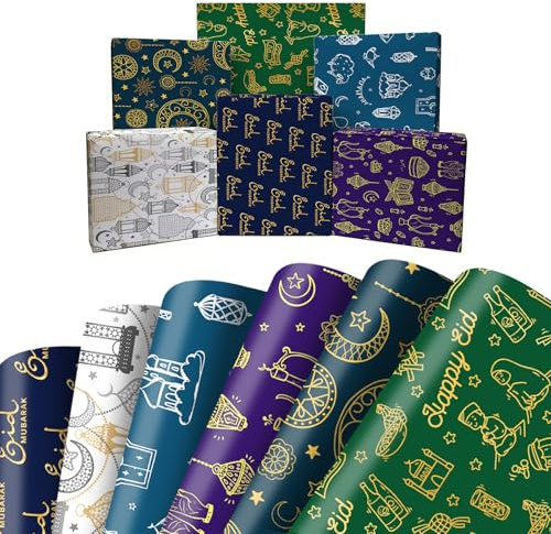 Ramadan Geschenkpapier 6Pcs, Geschenk Papier Mit Moschee Mond Und Sternenmuster,Diy Geschenkpapier Eid Mubarak Falten Für Dekorationen Zu Eid Mubarak Ramadan Feiern Muslimische,70 * 50cm (Weiß)