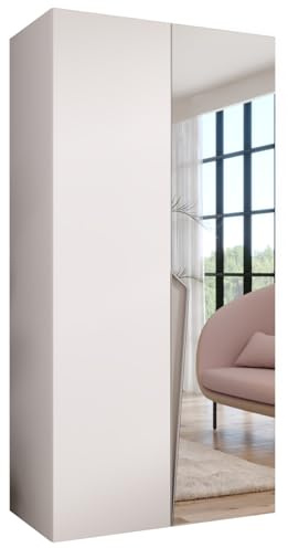 MEBLE KRYSPOL - Kleiderschrank - Garderobenschrank - 100 cm x 202 x 52 cm - Schrank mit Kleiderstange und Spiegel, 2 Türen - für Schlafzimmer, Flur - Piano, Weiß, Griff Kaschmir