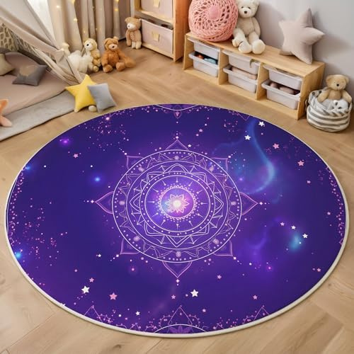 Teppich Rund 120cm, Pflegeleicht Mandala Sternenhimmel Bedrucktes Teppich, Weich und Flauschig Zeichentrick Fantasy Teppiche, rutschfest Waschbar Lila Teppiche für Schlafzimmer Kinderzimmer
