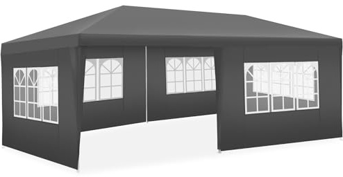 tectake® Pavillon 3x6, mit 5 Pavillon Seitenteile, mit Fenstern, wasserdichte Plane, großes Zelt mit UV-Schutz, Partyzelt, Balkon Sonnenschutz, Überdachung Terrasse, Unterstand - grau