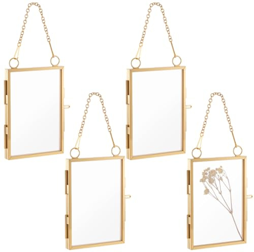 GORGECRAFT 4 Stück Doppelglasrahmen Für Gepresste Blumen 9x6cm Messing Vintage Rechteckig Wandhänger Bilderrahmen Klapprahmen Mit Kette Für Die Präsentation von TrockenBlumen Und Kunstwerken Gold