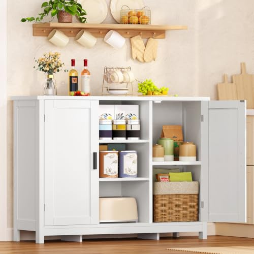 TEENFON Sideboard mit 2 Türen, 90 cm Küchenschrank mit Arbeitsplatte, Buffetschrank mit 4 Regalböden - 3 Davon verstellbar, Mehrzweckschrank für Küche, Bad, WZ, EZ & Flur - 90 x 30 x 80,5 cm - Weiß