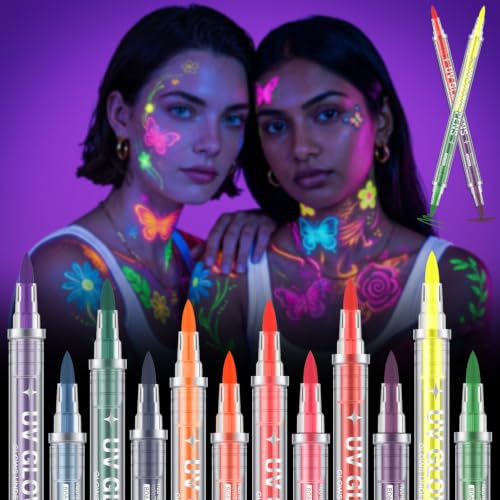 HOTUT 12 Couleurs Feutres Maquillage Fluorescent dans le Noir et Fluorescents, Peinture Fluorescents UV, Marqueurs de Tatouage pour La Peau Lavables, pour Fêtes, Festivals et Soirées, Fête d'Halloween