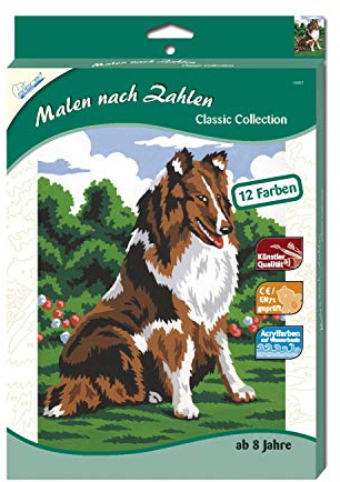 MAMMUT 110017 - Malen nach Zahlen Classic Tiermotiv, Collie, Hund, Komplettset mit bedruckter Malvorlage im A4 Format, 12 Acrylfarben und Pinsel, Malset für Kinder ab 8 Jahre
