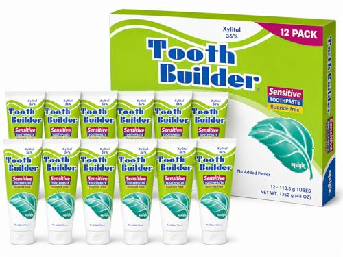Squigle Tooth Builder Fluoride-Free Xylitol Toothpaste for Sensitive Teeth | SLS-free for sensitive teeth and mouths that react to conventional toothpaste: a gentle, unflavoured, low-foam formula 12PK
