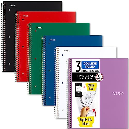 Five Star Spiralnotizbücher Plus Study App, 6er-Pack, 3 Fächer, College-Papier, liniert, 27,9 x 21,6 cm, 150 Blatt, Schwarz, Rot, Grün, Blau, Weiß, Lila (73930)