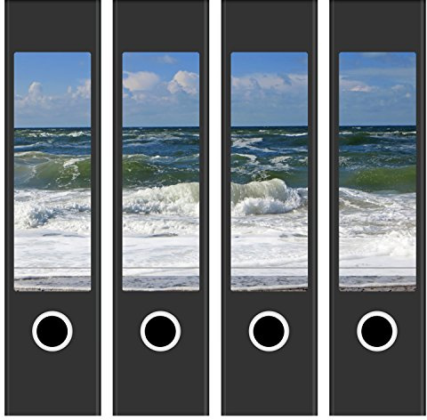Ordneretiketten | 4 Aufkleber für breite Akten-Ordner | Nordsee-Wellen | selbstklebende Design Akten-Etiketten | Deko Sticker für Rückenschilder Ordnerrücken | zum Beschreiben
