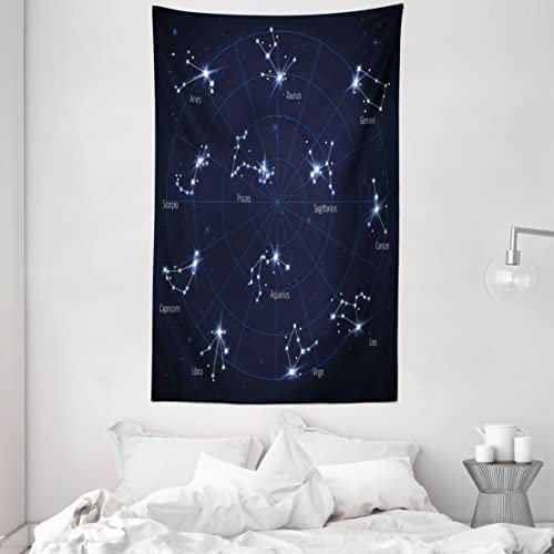 ABAKUHAUS Konstellation Wandteppich und Tagesdecke, Horoskop-Diagramm aus Weiches Mikrofaser Stoff Waschbar ohne Verblassen Digitaldruck, 140 x 230 cm, DunkelBlau-weiß