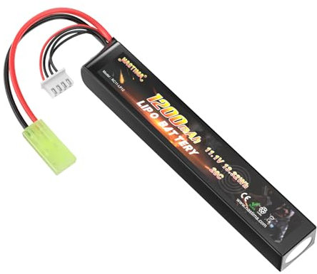 NASTIMA 11.1V 1200mAh Airsoft Stick Batterie, 3S 20C LiPo Batterie Compatible avec Mini Tamiya Connecteur pour Airsoft Guns AK47, MP5K, MP5, Scar, M249, AUG, AEG