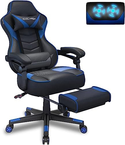 YU YUSING Gaming Stuhl Bürostuhl Massage, Racing Gamer Stuhl, Drehsessel Hochenverstellbar mit Fußstütze,Abnehmbare Kopfstütze, 90-150° Rückenlehne Verstellbar,Lendenkissen, Ergonomischer (Blau)