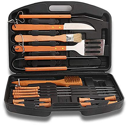 Jannyshop Grillzubehör Set 18-teilig Grillbesteck Edelstahl Grillrost mit Holz-Griff Set mit Tasche hervorragendes Grillwerkzeug für Camping Familie