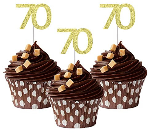 Sumerk 24PCS 70 Cupcake toppers Gold Glitter 70th Birthday Cupcake Picks Anniversary Party Decorations
