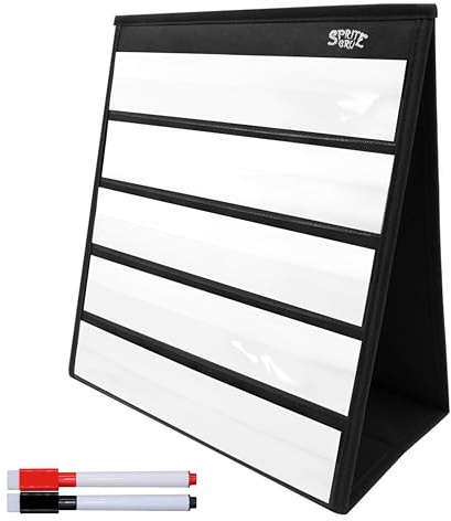 Black Tabletop Desktop Pocket Chart with Bonus 20X Dry Erase Cards. Double Sided and Self-standing (13” X 12”)