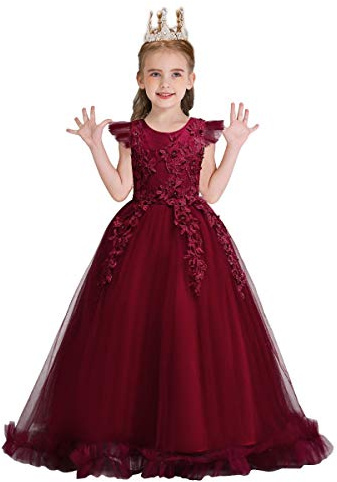 WOCINL Blumenmädchen-Spitzen-Applikationen, Hochzeitskleid, Prinzessin, Erstkommunion, lang, Tüll, Geburtstag, Festzug, Party, Tanz, Ballkleid, Burgunderrot, 3–4T