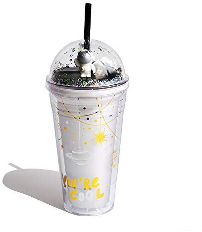 Astronauten Reisebecher mit Strohhalm Glitzer Wasserflasche Schwarz Space Trinkbecher Party Tumbler Picknick Geburtstag Geschenk (weißer Platz, 480ml)