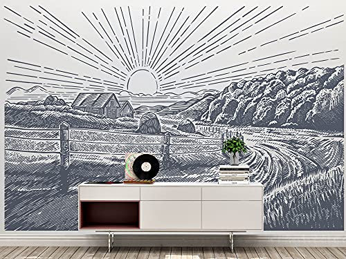 Oedim Papier peint mural Paysage rural blanc et noir, mur, papier peint, décoration pour salle à manger, salon, chambre