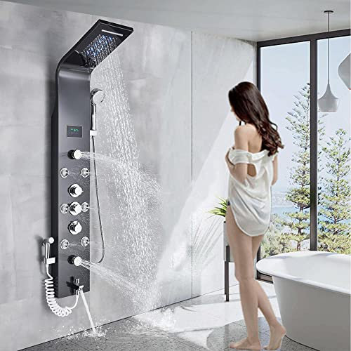 Huin Panneau de douche LED anti-pluie et système de massage à tour de cascade en acier inoxydable