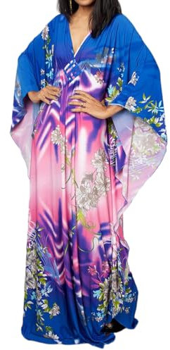 Bsubseach Caftan Femme Robe de Plage Grande Taille Longue Kaftan Maxi Ete Cache Maillot de Bain Djellaba Tunique Bohème Boho Cover Up Bleu Rose Floral