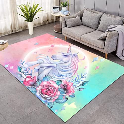 Einhorn 3D-Gedruckter Teppich Cartoon Regenbogen Pferd Schlafzimmer Kinderzimmer Spielmatte Flanell Memory-Schaum Wohnzimmer rutschfest Mädchen Jungen Zimmer Krabbelmatten (80x160 cm, Rosa)