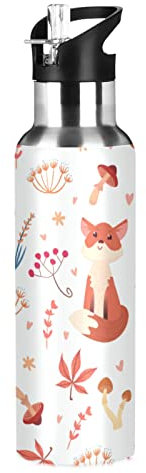 Gourde isotherme en acier inoxydable avec couvercle à paille, motif renard orange, 600 ml