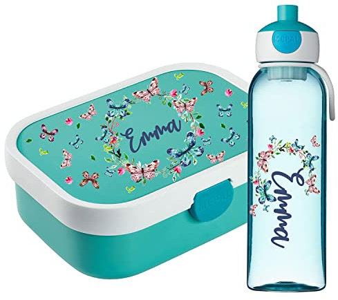 Lunchbox Set für Kinder Mädchen zur Schule Personalisiert mit Namen Brotdose Wasserflasche Trinkflasche BPA frei Essen für Unterwegs mit Gabel und Bento Fach To Go Butterflies [153]