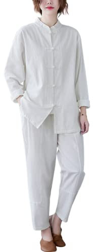 Moonetto Uniformes chinos tradicionales de Tai Chi para mujer, ropa de Kung Fu, traje de artes marciales, traje de algodón Wing Chun Tang, Blanco, XL