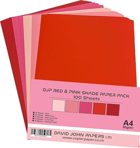 DJP Lot de 100 feuilles de papier teinté rouge et rose 80 g/m² – 5 couleurs, 20 feuilles de chaque couleur
