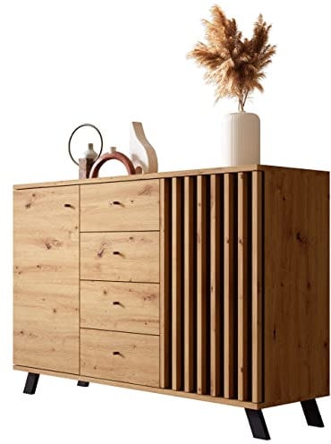 Newroom Kommode Wildeiche Anthrazit Sideboard Modern Vintage - 118x85x40 cm (BxHxT) - Highboard Anrichte - [Barea.one] Wohnzimmer Schlafzimmer Flur Esszimmer