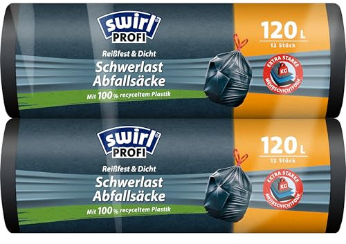 Swirl Schwerlast-Müllsäcke 120 l (2 x 12 Beutel), Mülltüten mit praktischem Zugband, tropf- und durchstoßsichere Müllbeutel für schweren Abfall aus Haus & Garten
