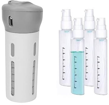 Botellas de Viaje Recargables, Dispensador de Viaje 4 en 1 Contenedor de Viaje Portátil Recargable a Prueba de Fugas con Adhesivo para champú y Acondicionador de Perfume (Gris)