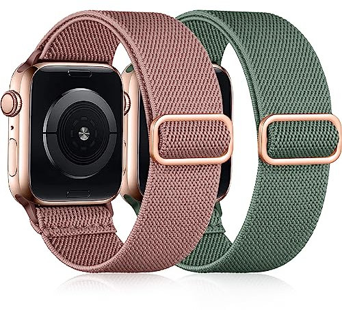 Easuny Elastisches Armand Kompatibel mit Apple Watch Armband 38mm 40mm 41mm 42mm, Verstellbares Weiches Nylon Band für iWatch Series 10 9 8 7 6 5 4 3 2 1 SE Ultra für Frauen Männer,Tannengrün/Hellrosa