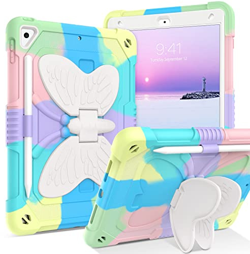BENTOBEN for iPad 9th 8th 7th Generation Case Kids, 2 Layer Heavy Duty Bumper Rugged Shockproof Full Body Protective Case with Butterfly Stand Pencil Holder, iPad 10.2 inch Case 2021/2020/2019 Green