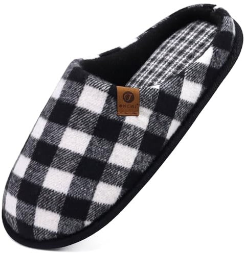 ONCAI Pantofole da Uomo Invernali strisce, Comoda Memory Foam Calde Scarpe da Casa in Lana Con Suola Antiscivolo Nero/Bianco 48EU