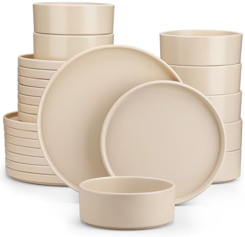 vancasso Venus Matte Dinnerware Set, 24-Piece Beige Dinner Sets, Stoneware Crockery Set with 8-Piece 10.5in Dinner Plate, 8in Dessert Plate, 720ml Bowl, Modern Style
