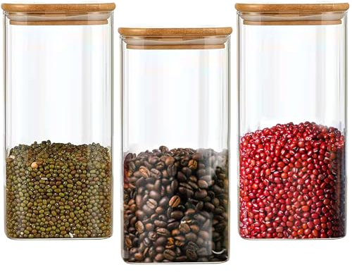 NAVACALA Square Glass Storage Jars with Lids 1500ML Set of 3 - High Borosilicate Glass Airtight Kitchen Food Canisters Cylinder Clear Preserving Seal Containers with Lid 1500ml