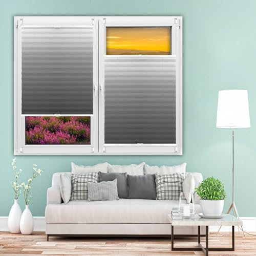 Stick On Blinds for Windows 75 x 100 cm Block-Out Pleated Blind, Vertical Louvre Blind Window Easy Fit Install, Polyester for Bedroom, Kitchen, Bathroom, Grey