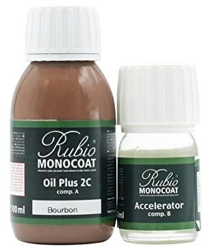 Rubio Monocoat Oil Plus 2C Wood Finish, 5 m² - Bourbon | Quick-Dry, Eco-Friendly Linseed Formula for Indoor Surfaces | Includes Accelerator (Part B) | Protector | 130 ML