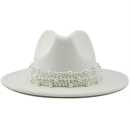 Hut für Damen, Sommer, Damen, britische Mode, elegant, Jazzhut, Perlenring mit Zylinder, große Krempe, Wollmützen für Herren, weiß, L