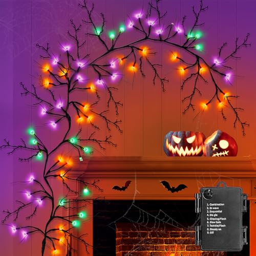 [ Timer & 8 Modes ] 6 Ft 54LED Halloween Willow Vine Twig Decor Branches Garland Decorations Orange ＆ Purple ＆ Green Lights -Battery Operated Garland for Indoor Wall Fireplace Halloween Decorations