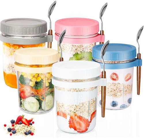 MUXHEL 5PCS 350ml/12oz Overnight Oats Jar Glass Overnight Oats Jars with Lids Glass Overnight Oats Container with Lids and Spoons for Overnight Oats, Milk, Cereal, Fruit