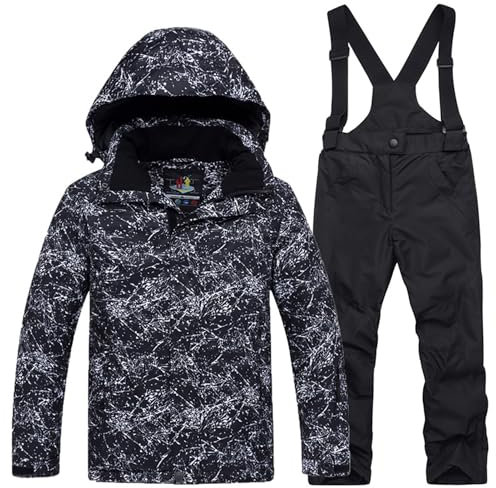 Amur Leopard Kinder Mädchen Skianzug 2 Teilig Skijacke mit Kapuze + Skihose Winddicht Wasserdicht Verfickte Schneeanzug Jungen, Schwarze Jacke+Schwarze Hose, 146 (Etikettengröße: XL)